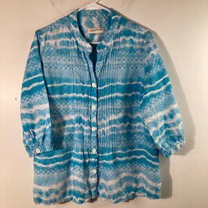 Womens Jones New York Linen Pleat Front Button Tunic Blue White XL Linen 3/4 Sle